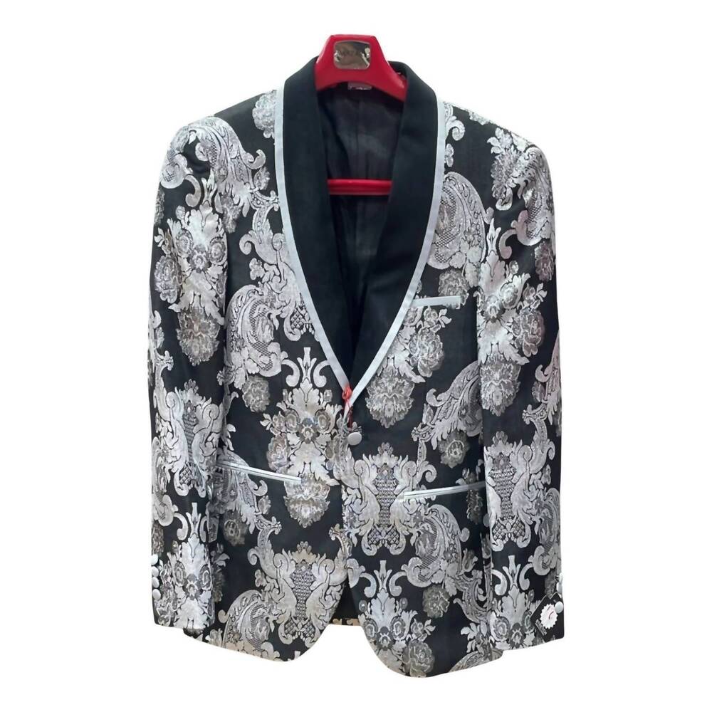 NEW MAZARI men's metallic blazer with bow tie in silver